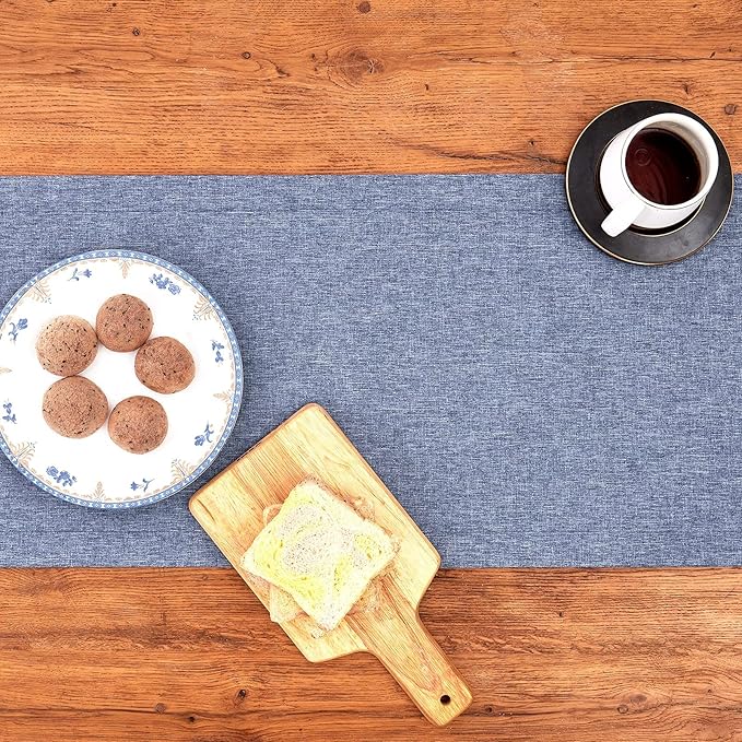 Mebakuk Linen Farmhouse Table Runner Large Burlap Style Soft and Waterproof Decorative Fabric Runner for Outdoor Wedding and Dinner (14 x 48 Inch, Denim Blue)