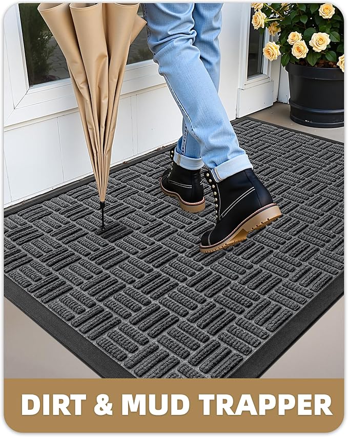 Color&Geometry Front Door Mat Outside Entrance, Heavy Duty Non Slip Low Profile Doormat for Entryway, Trap Dirt and Moisture Welcome Mats All-Weather, Easy Clean, Patio, Garage, 24"x36" Grey