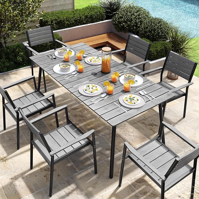 70" Patio Outdoor Dining Table for 6, Weather-Resistant Aluminum Frame with Wood-Grain Top & Umbrella Hole for Deck Gatherings, Grey
