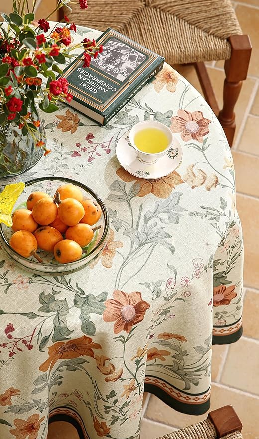 French Linen Small Tablecloth for Round Table,Orange Floral Pattern Wrinkle Resistant Tablecloths,Decor Table Cover for Kitchen,Dining,Party,Thanksgiving,Christmas,Diameter 55"-Milch