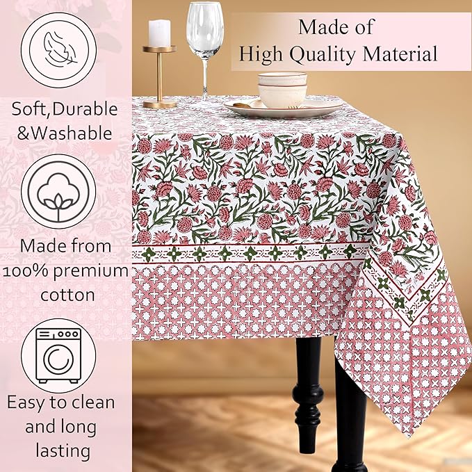 CPC Tablecloth 100% Cotton 72x140 Inch Indian Block Print Rectangle Table Cover, Red Table Cloth for Weddings, Spring/Summer, Barbeque - Red Garnet