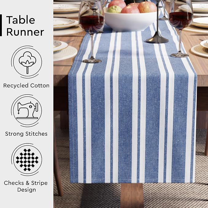 Encasa XO Cotton Dining Table Runner | Franca Blue Stripes | Size 13x91 in - Machine Washable & Durable
