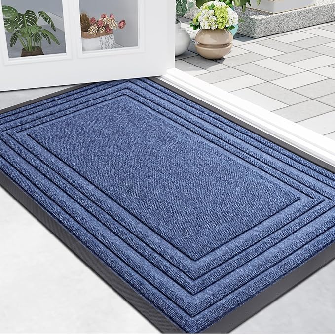 Buganda Front Door Mat Indoor Outdoor Entrance, Non-Slip Natural Rubber Doormats, Easy Clean, Low Profile, Dirt Trapper Entryway Floor Mats for Outside, Garages and Patios, 29.5x17, Blue