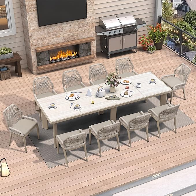 PURPLE LEAF 11 Pieces Patio Dining Set Aluminum Modern Rectangular Table and Wicker Chairs with Cushions for Kitchen Porch Garden Outdoor Furniture Sets, Champagne