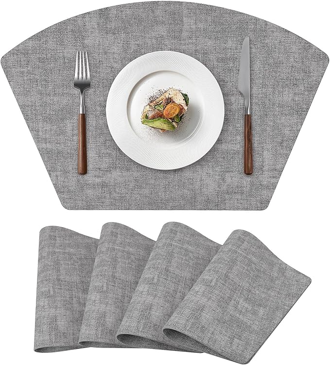 Round Table Placemats Set of 4, Faux Leather Wedge Shape Place Mats Heat Resistant Wipeable Washable Table Mats for Dining Outdoor Indoor, Gray