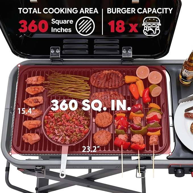 Portable Propane Gas Grill with Folding Cart & 13000 BTUs Burner, 360 Sq. In. Cast Iron Cooking Grates, Side Table, 8" Wheels, Stainless Grease Tray for Outdoor BBQ, Camping & Tailgating, Black
