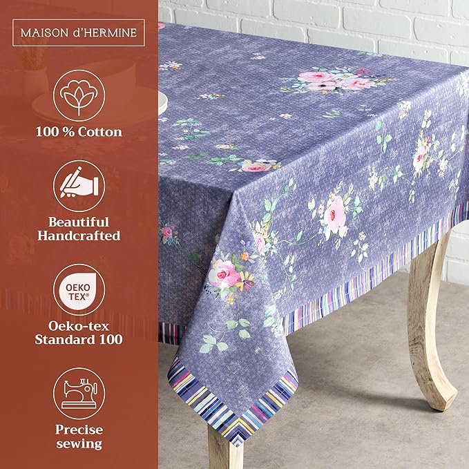Maison d' Hermine Table Cloth Rectangle Table 100% Cotton 60 x 120 Inches Tablecloth for Dining Room, Farmhouse, Home, Party, Festive & Wedding Spring Summer - Sweet Rose Lavender - Country Garden