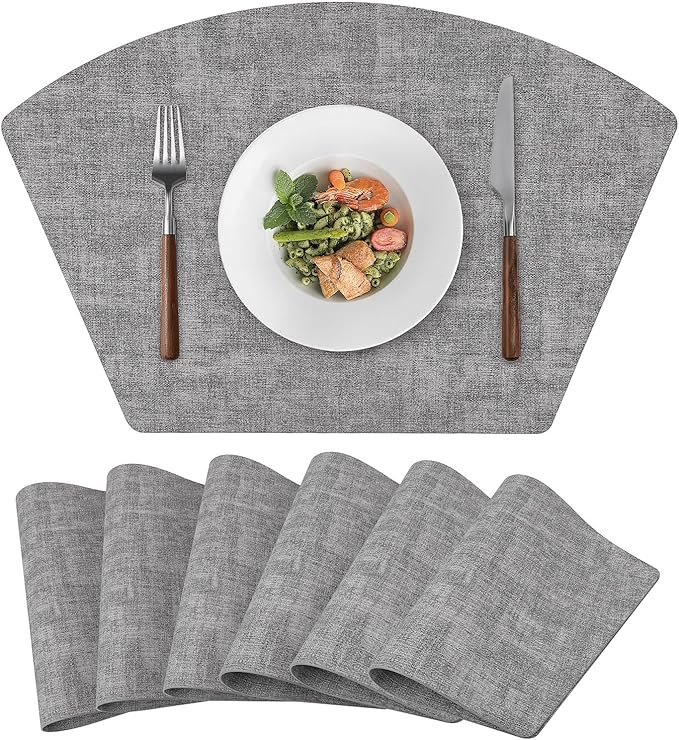 Round Table Placemats Set of 6, Faux Leather Wedge Shape Place Mats Heat Resistant Wipeable Washable Table Mats for Dining Outdoor Indoor, Gray