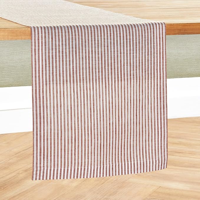 Solino Home Linen Striped Table Runner 36 Inches - Narrow Stripe, 100% Pure Linen Cinnamon and White Small Table Runner 14 x 36 Inch Ideal for Dresser and Coffee Tables