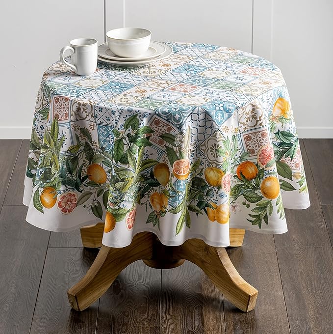 Maison d' Hermine Table Cloth Round Table 100% Cotton 63 Inches Tablecloth Reusable Decorative Everyday Use for Dining Room, Farmhouse, Home, Party, Festive & Wedding Spring Summer - Agrume