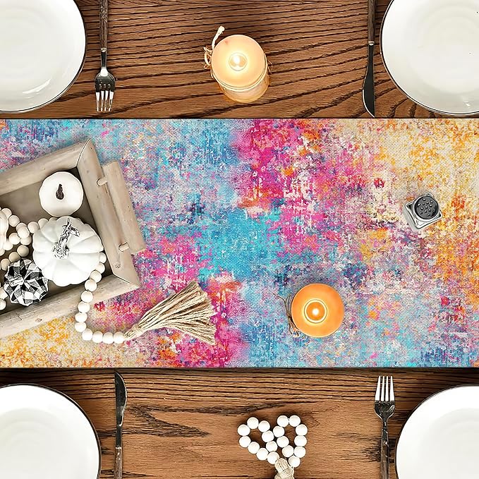 OYIMUA Modern Abstract Colorful Table Runner 13 x 72 Inches Summer Runners for Tables Rustic Spring Fall Decorations for Home Indoor Outdoor Table Decor