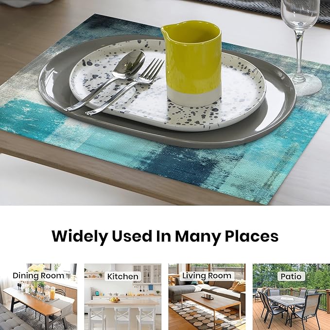 Modern Art Placemats Set of 4 Turquoise Abstract Painting Place Mats Washable Linen Teal Placemat for Kitchen Dining Table Party Home Decor 18x12 Inches