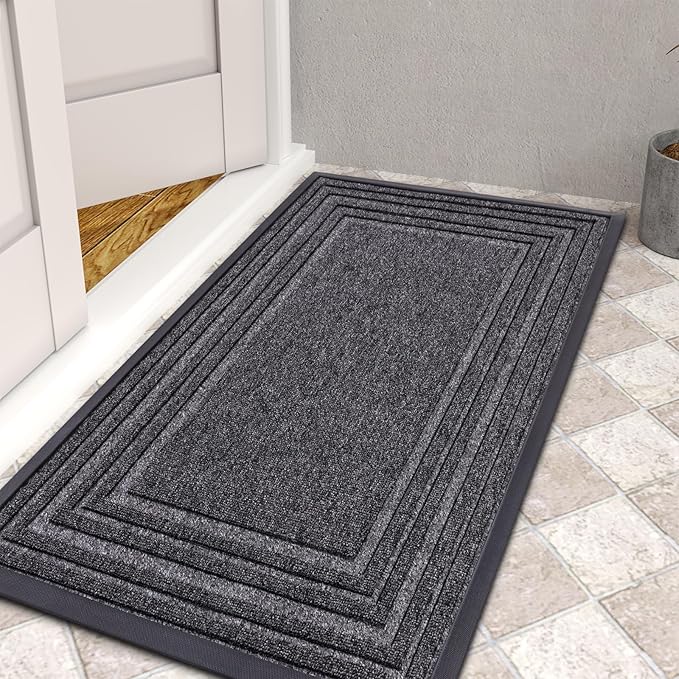 Buganda Front Door Mat Indoor Outdoor Entrance, Non-Slip Natural Rubber Doormats, Easy Clean, Low Profile, Dirt Trapper Entryway Floor Mats for Outside, Garages and Patios, 47x32, Silver Grey