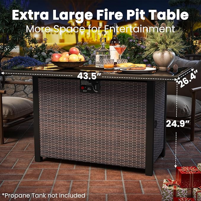 Propane Outdoor Fire Pit Table, 43" Rattan Rectangle Fire Pit Table, Outdoor Gas FirePit W/Glass Wind Guard, Tempered Glass Tabletop, Lid, CSA Listed, 60,000 BTU for Outside Patio Deck & Garden, Brown
