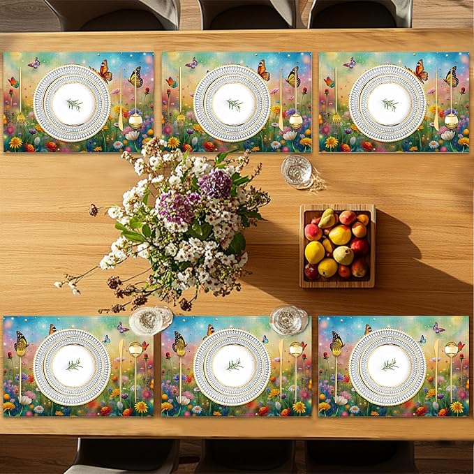 Placemats Set of 6,Colorful Butterfly Table Mats, Flowers Washable Linen Table Mats,Non-Slip Heat Resistant Placemats for Party Kitchen Dining Indoor Outdoor 12"x18"
