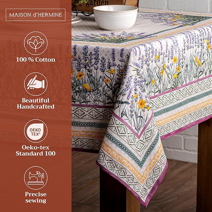 Maison d' Hermine Table Cloth Square Table 100% Cotton 60 x 60 Inches Tablecloth Reusable Decorative for Dining Room, Farmhouse, Home, Party, Festive & Wedding Spring Summer - Fanny Lavender