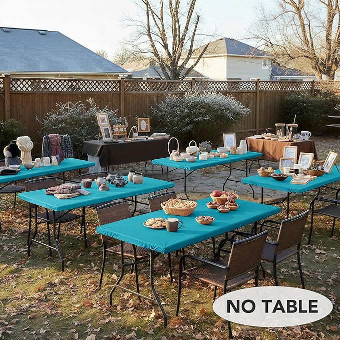 LUSHVIDA 6 Packs Vinyl Tablecloths with Flannel Backing for 6ft Rectangle Folding Table Cloths - Waterproof Plastic Picnic Table Covers with Elastic Corners, 30x72 inch, Teal