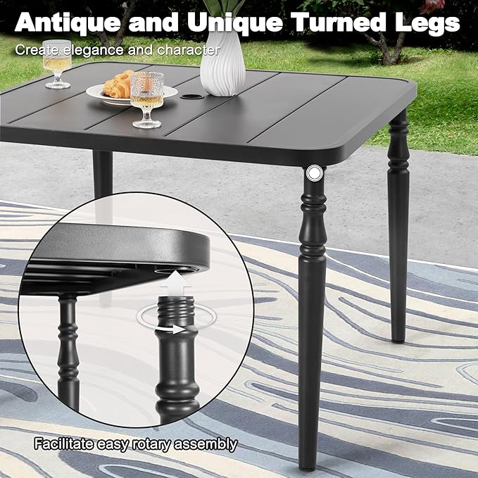 NUU GARDEN Outdoor 37” Dining Table, Square Metal Dining Table with Umbrella Hole, Patio Dining Table with Powder-Coated Frame and Slatted Tabletop, for Garden, Backyard and Balcony, Black