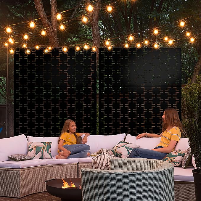 Metal Privacy Screen Outdoor 72" H×47" W,Freestanding Decorative Privacy Screen for Balcony Yard&Garden,Privacy Fence-Black&Square