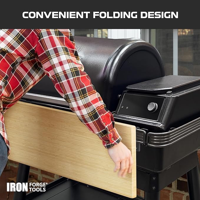 Iron Forge Tools 34x12 Wood Folding Grill Shelf Accessory - Compatible with Traeger Grill Ironwood, Ironwood XL, Timberline, & Timberline XL Models with PAL Pop and Lock Accessories Mount