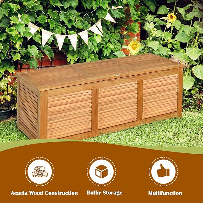 HAPPYGRILL 46 Gallon Acacia Wood Deck Box, Outdoor Storage Box Garden Tools Box Container for Patio Garden Garage