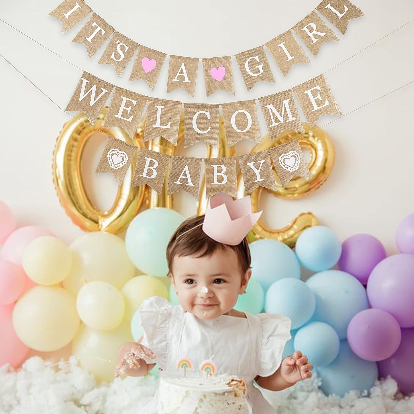 MEEDEE Burlap Banner Welcome Baby Girls Banner Rustic Baby Shower Party Favors Decorations Banners and Signs Baby Shower Bunting Pink (3 Pieces)