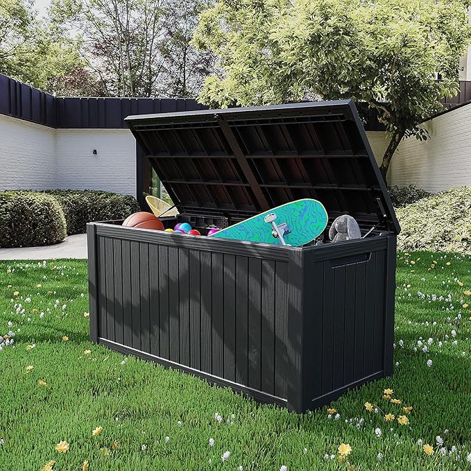 200 Gallon Resin Deck Box, Waterproof Outdoor Storage Box for Patio Furniture, Garden Tools, and Pool Accessories, Lockable UV-Resistant Storage Bin Bench Cabinet for Outside, Black