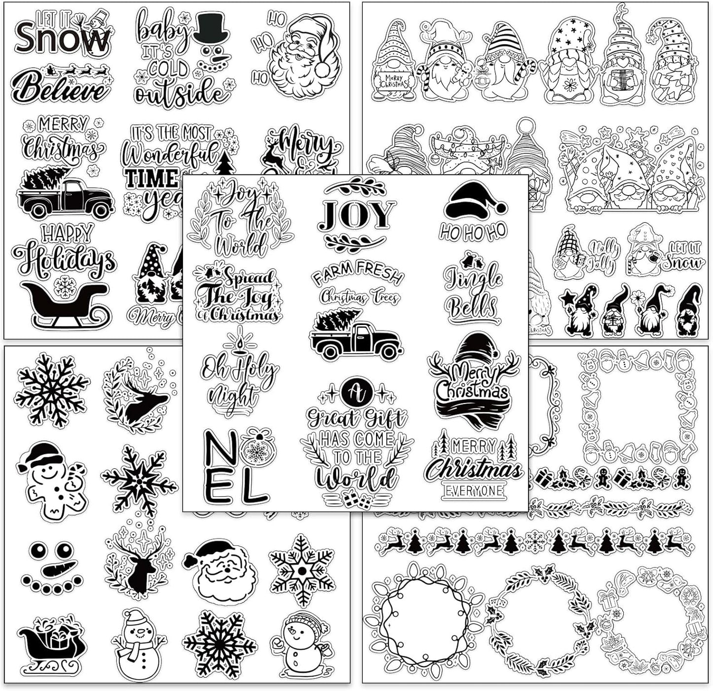 Whaline 5 Sheet Christmas Clear Stamps Wreath Snowman Gnome Silicone Transparent Stamps Greeting Words Border Stamp Cards for DIY Craft Card Making Scrapbooking Embossing Album Decor