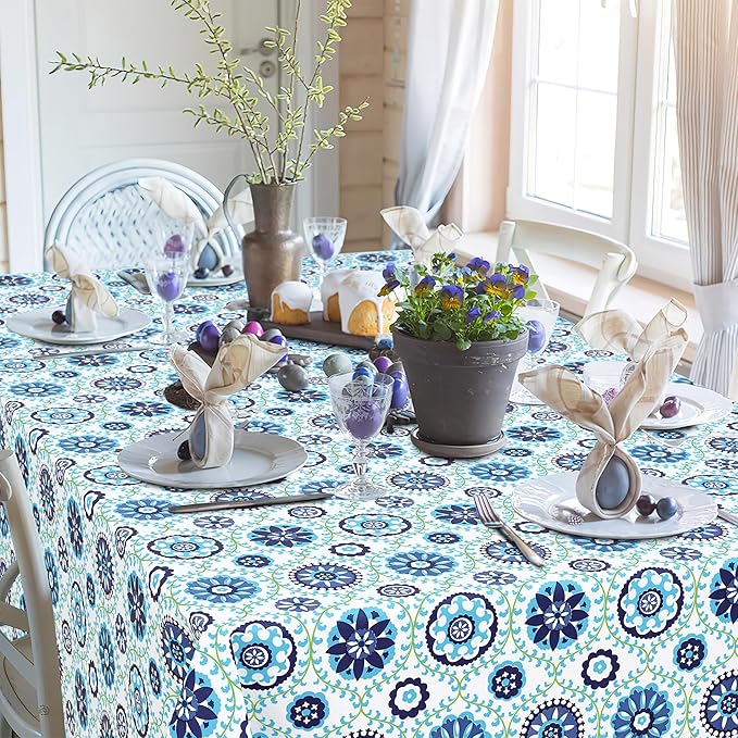 misaya Rectangle Waterproof Vinyl Table Cloth, Wipeable Tablecloth with Flannel Backing, Plastic Table Cover for Dinner, Picnic, Indoor and Outdoor (Navy Mandala, 52" x 70")