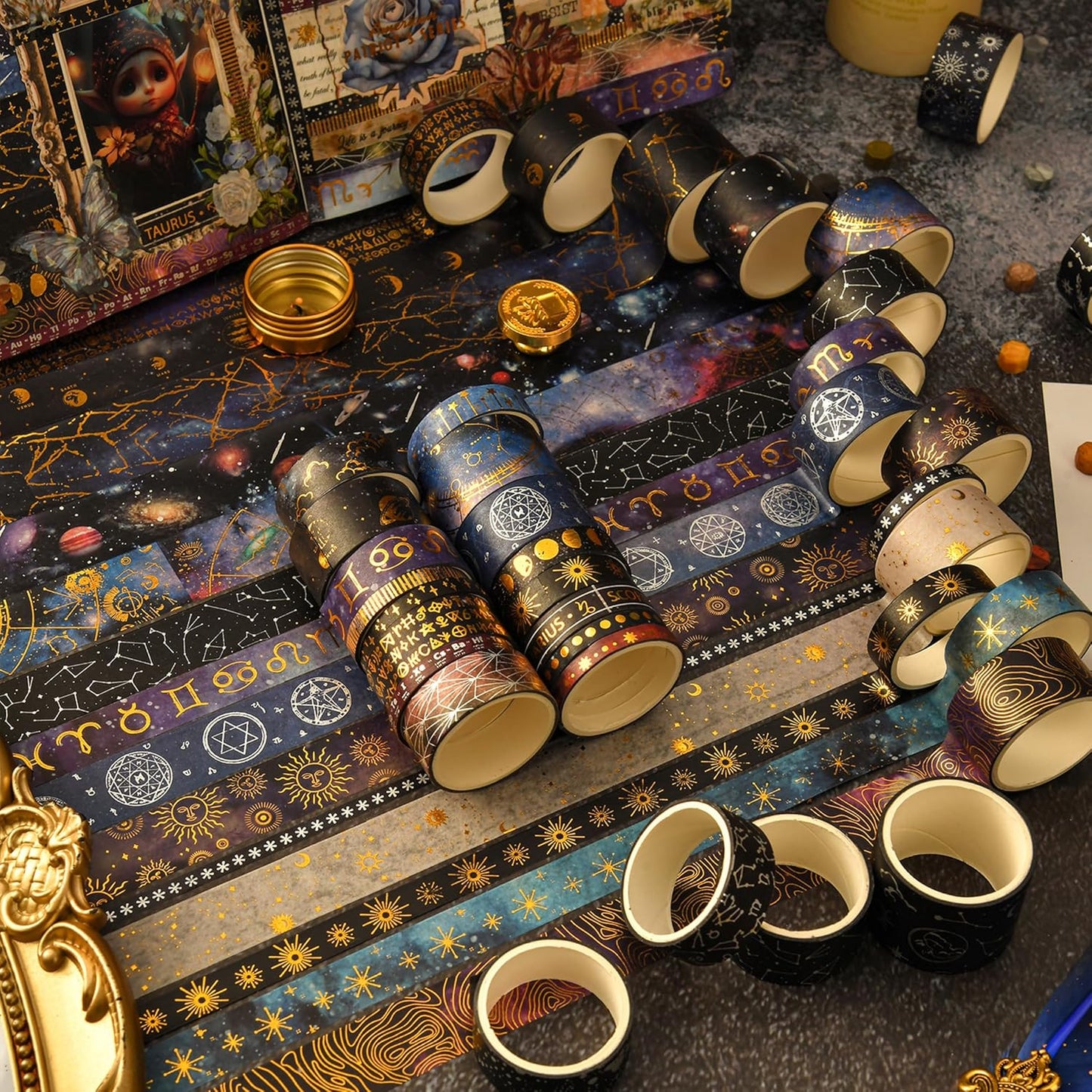 36 Rolls Galaxy Washi Tape Pack Stars Arts Adhesive Tapes Gold Silver Foil Decorative Masking Tape Sets for Craft, Kids, Scrapbook, DIY, Gift Wrapping (Constellation 36 Rolls)