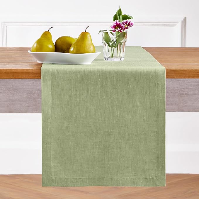 Solino Home Linen Small Table Runner 36 Inches - Athena, 100% Pure Linen Chambray Olive Table Runner 14 x 36 Inch Ideal for Dresser and Coffee Tables - Spring, St Patricks Day