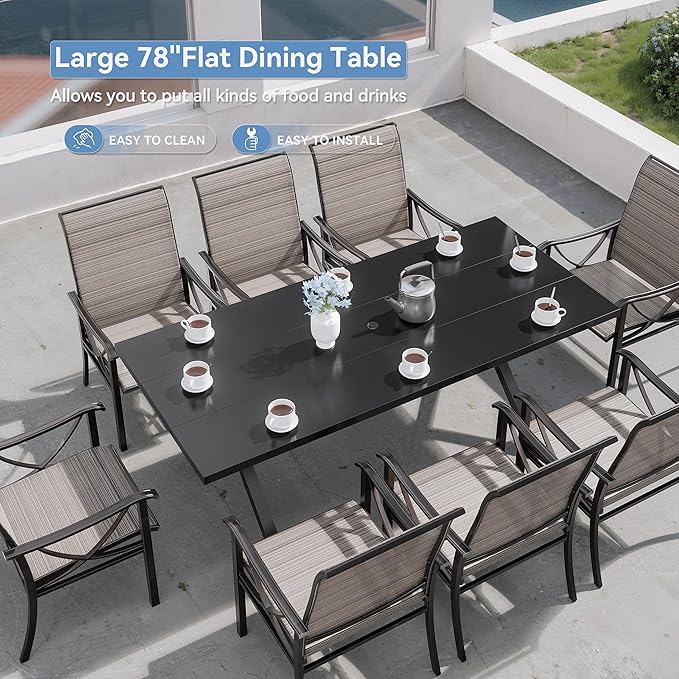 Kurapika 9-Piece Patio Dining Set, Patio Furniture Set for 8, Outdoor Large Metal Table with Umbrella Hole and Textilene Chairs, for Garden, Deck, Porch, Pool All Weather, Brown