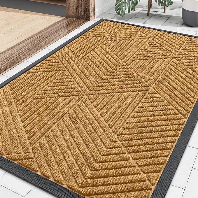Smiry Front Door Mat Outside Entrance, Heavy Duty Sturdy Natural Rubber Doormat, Trap Dirt and Moisture, Easy Clean Low Profile Mats for Indoor Outdoor Entry, Irregular Triangle (36x24, CRM-Yellow)