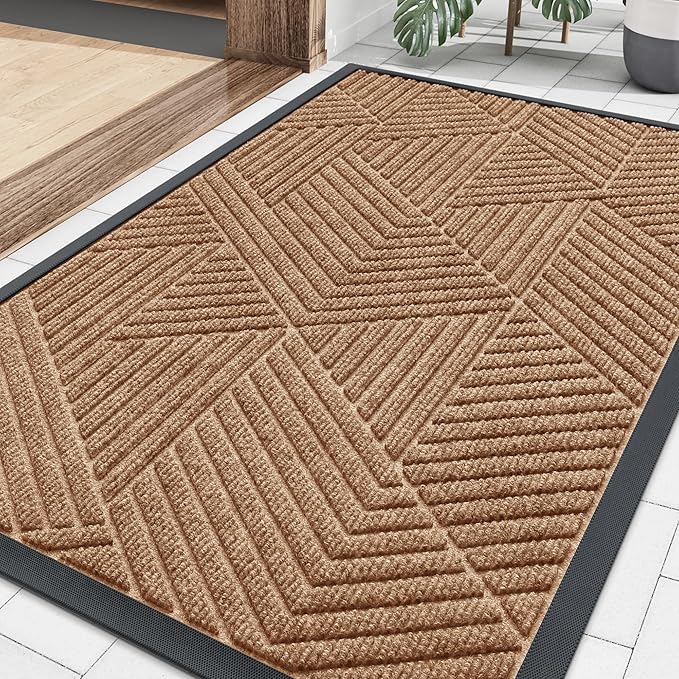 Smiry Front Door Mat Outside Entrance, Heavy Duty Sturdy Natural Rubber Doormat, Trap Dirt and Moisture, Easy Clean Low Profile Mats for Indoor Outdoor Entry, Irregular Triangle (36x24, Coffee)