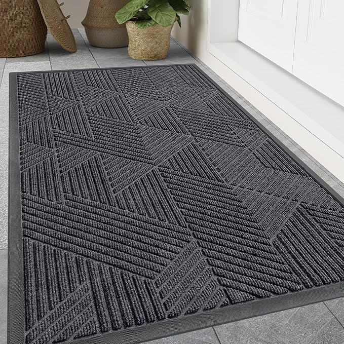 Smiry Front Door Mat Outside Entrance, Heavy Duty Sturdy Natural Rubber Doormat, Trap Dirt and Moisture, Easy Clean Low Profile Mats for Indoor Outdoor Entry, Irregular Triangle (59x35, Medium Grey)