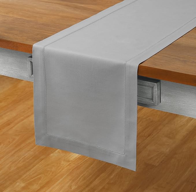 Solino Home Cotton Linen Light Grey Table Runner 72 Inches Long - Hemstitch Table Runner 14 x 72 Inch for Dresser, Dining, Spring, Easter