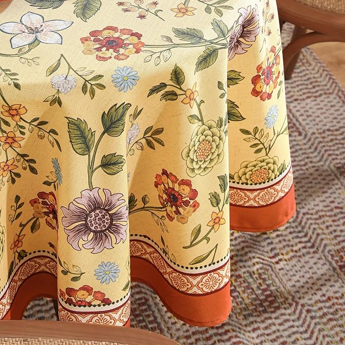 Vintage Linen Tablecloth for Round Table,Yellow Floral French Wrinkle Free Tablecloths,Decorative Table Cover for Kitchen,Dining,Thanksgiving,Party,Farmhouse,Diameter 67"-Bellano