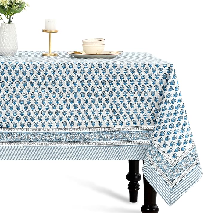 CPC Tablecloth 100% Cotton 70x108 Inch Indian Block Print Rectangle Table Cover, Blue Table Cloth for Weddings, Spring/Summer, Barbeque - Apatite Blue