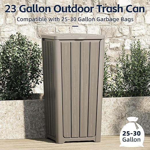 23 Gallon Outdoor Trash Can Waterproof Resin Garbage Can with Lid Outside Trash Bin for Porch Backyard, Deck, Patio, Kitchen Trash Can
