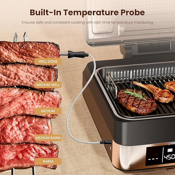 Kismile 2-in-1 Griddle and Indoor Grill,Electric Smokeless Grill with Temperature Probe,Temperature Control & display screen,Portable Smoke-Free Griddle for Indoor Steaks,Vegetables,Family Cooking