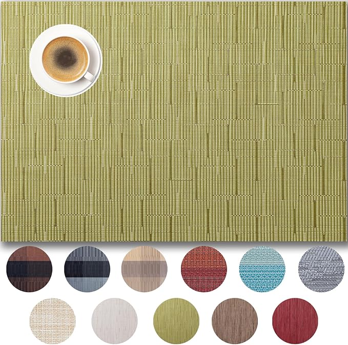 Placemats Set of 12 - Easy Clean Woven Vinyl Placemats for Dining Table, Indoor/Outdoor Place Mats, Washable PVC Table Mats （Pea Green）
