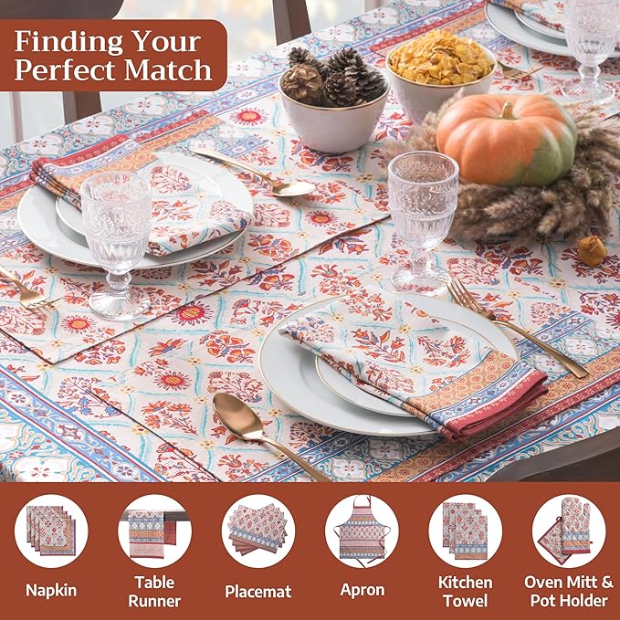 Maison d' Hermine Table Cloth Rectangle Table 100% Cotton 70 x 90 Inches Fall Tablecloth Reusable Everyday Use for Thanksgiving Christmas Decorations Dining Farmhouse Party (Romane)