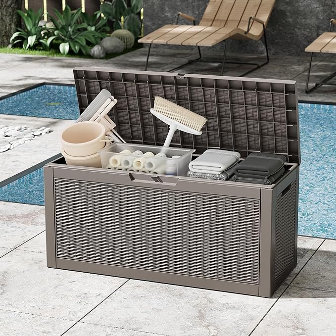 Outdoor Storage Box, 60 Gallon Outside Deck Box Waterproof, Resin Outdoor Storage Cabinet With Lockable Lid, Storage Bench for Garden Tools, Patio Cushions, Pool Tools, Package Delivery, Gray