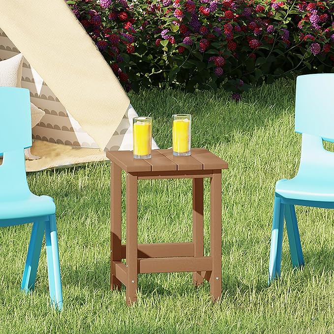 Costaelm Kids Outdoor Side Table, Small Patio HDPE Adirondack Square Table, Porch End Table for Outside Pool Garden, Teak