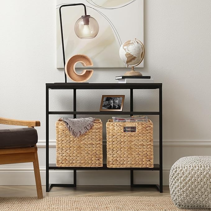 Casafield 13" x 13" Water Hyacinth Storage Baskets, Natural - Set of 2 Collapsible Cube Organizers, Woven Bins for Bathroom, Bedroom, Laundry, Pantry, Shelves
