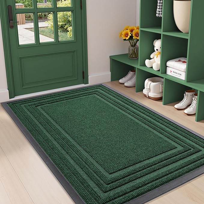 Buganda Front Door Mat Indoor Outdoor Entrance, Non-Slip Natural Rubber Doormats, Easy Clean, Low Profile, Dirt Trapper Entryway Floor Mats for Outside, Garages and Patios, 47x32, Green
