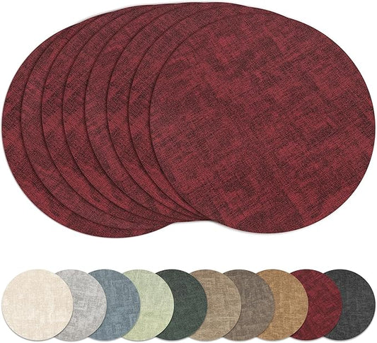 13"Round Placemats Set of 8, Reversible Faux Leather Heat Resistant Table Mats, 100% Waterproof Oilproof Wipeable Table Protective Placemats for Vinyl, Washable for Indoor & Outdoor Use (8, burgundy)