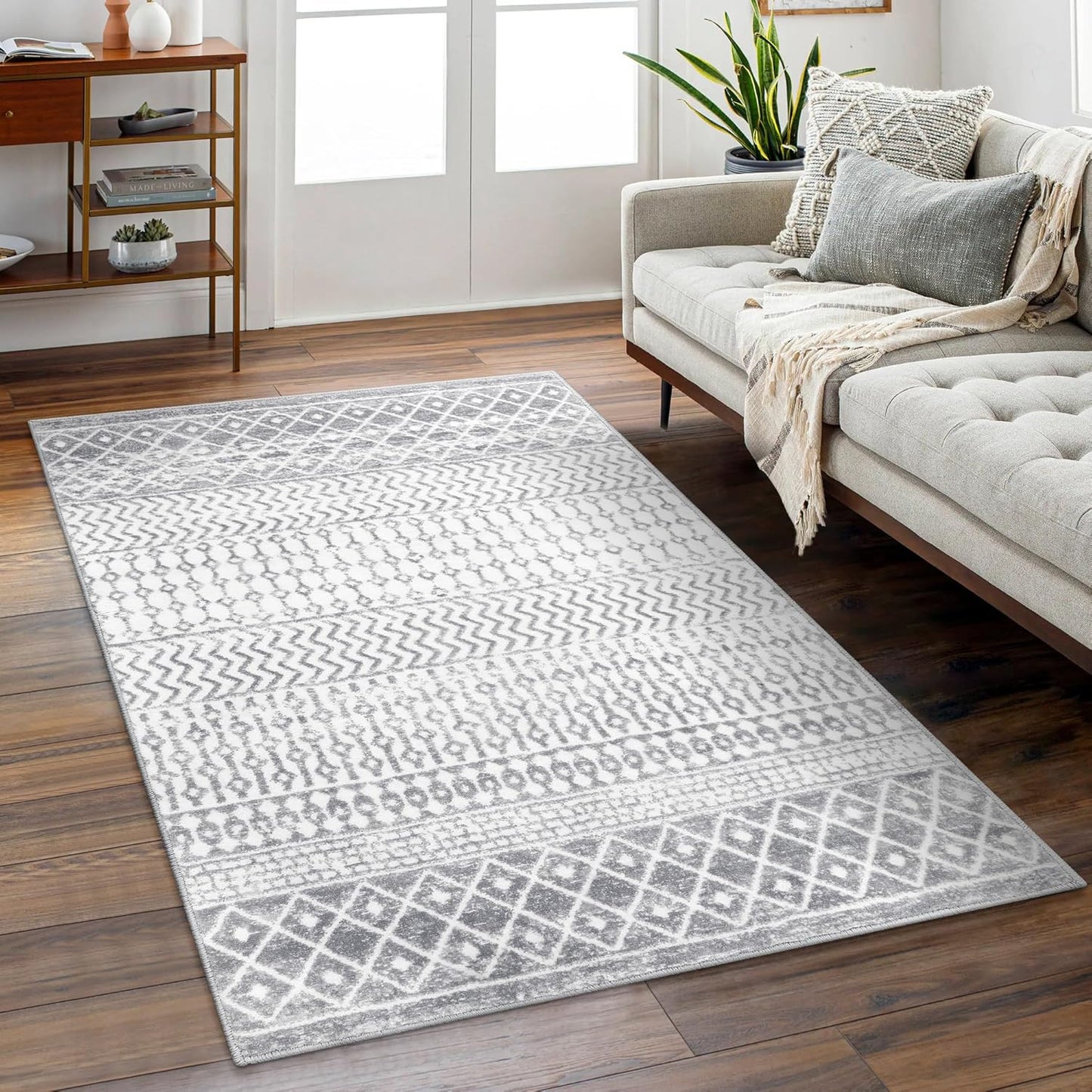 Moroccan Grey 4x6 Rug, Washable Boho Distressed Living Room Rug Non-Slip Large Rug, Faux Wool Low-Pile Indoor Floor Carpet Accent Rugs for Kitchen Bedroom Office Dining Table