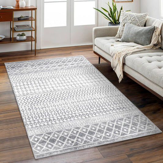 Moroccan Grey 4x6 Rug, Washable Boho Distressed Living Room Rug Non-Slip Large Rug, Faux Wool Low-Pile Indoor Floor Carpet Accent Rugs for Kitchen Bedroom Office Dining Table