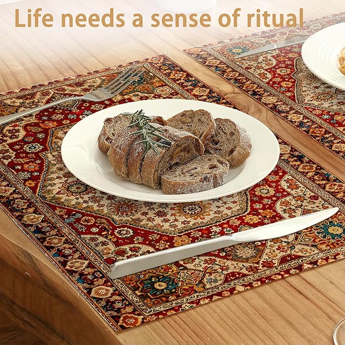 Boho Ethnic Placemats Set of 6,Retro Flower Placemats Washable Kitchen Dining Linen Table Mats Stain Heat-Resistant for Home Party Indoor 12x18 inch